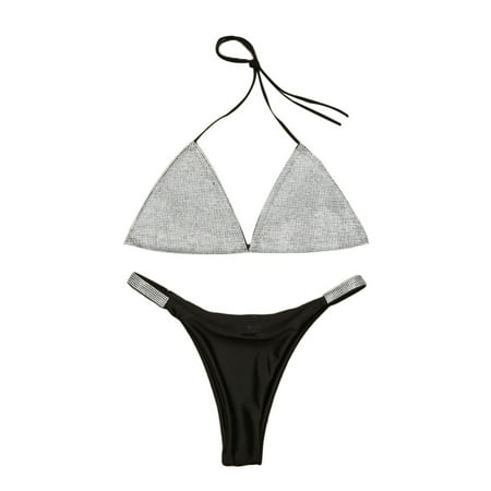 

HoCX Sexy Women Wireless Halter Bra Briefs Rhinestone Inlaid Swimwear Bikini Set