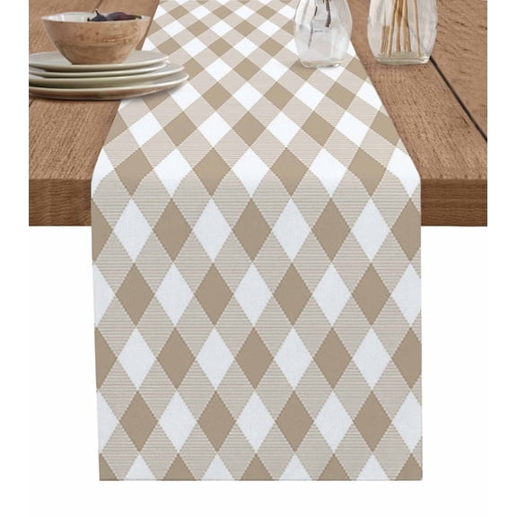 Table Runner Khaki White Check Plaid Table Decoration for Kitchen Dinning Pastoral Style Table Decoration for Indoor Outdoor Party Wedding Decor 13x72 Inch