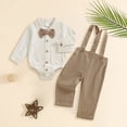 thumbnail image 3 of Enyan Baby Boy Clothes Set Infant Tuxedo Long Sleeve Gentleman Suit Outfits + Suspender Pants + Bowtie 0-18M(Khaki,12-18 Months), 3 of 5
