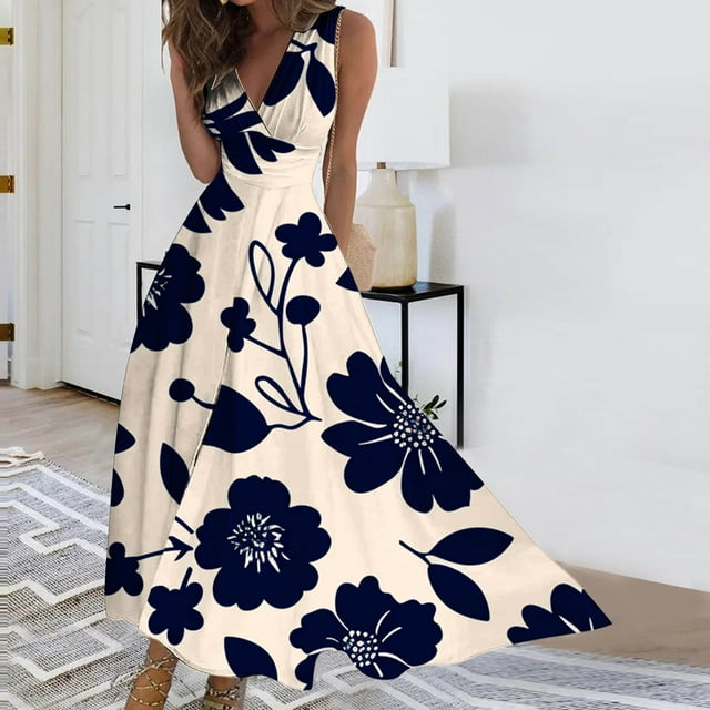 LSLJS Robe d'Été Sans Manches pour Femmes, Col en V, Poitrine Enveloppée, Robe Longue, Robe d'Été de Plage