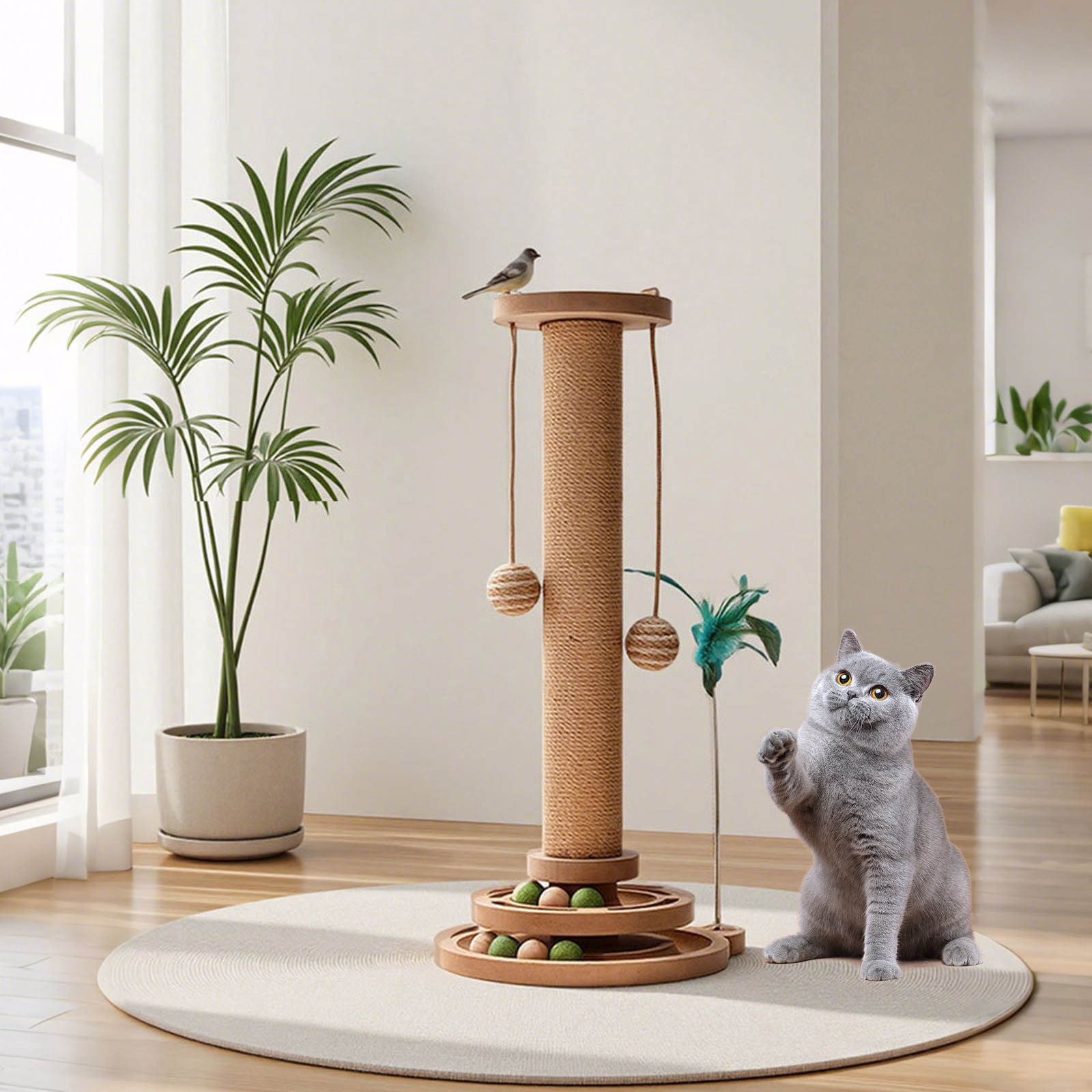 Cat Scratching Post, 1 Wooden Cat Scratcher Toy, Tall Scratch Post with 2 Level Cat Track Balls, Interactive Feather Toy and 2 Sisal Hanging Balls for Indoor Kittens, Adult Cats (49x30x30cm)