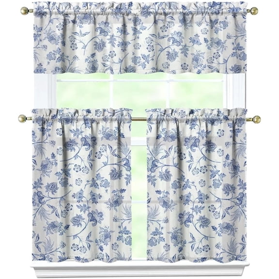 French Farmhouse Blue Floral Kitchen Curtain Valance Set 3 Piece - Light Filtering Rod Pocket Short Tier Curtains for Sink Window, 36 Inch Blue & White Decor