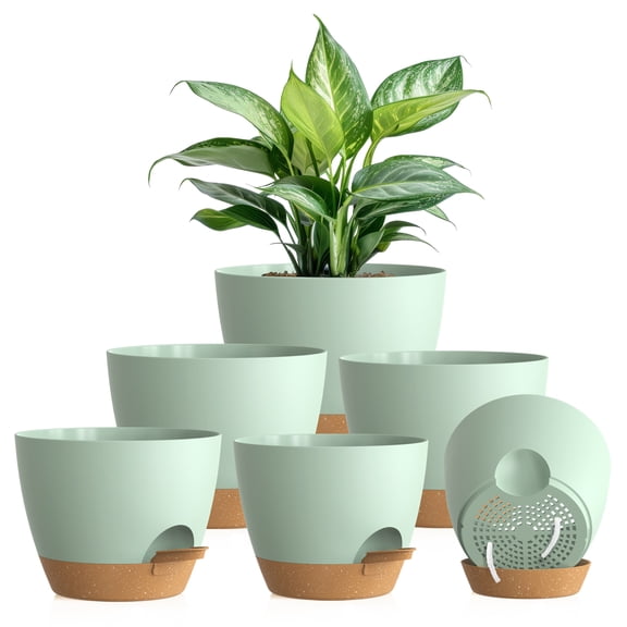 UOUZ Self Watering Plant Pots, 6 Pack, 5 to 8 Inch Indoor Planters with Water Reservoir, Cotton Wicks and Drainage Holes,Green/Brown