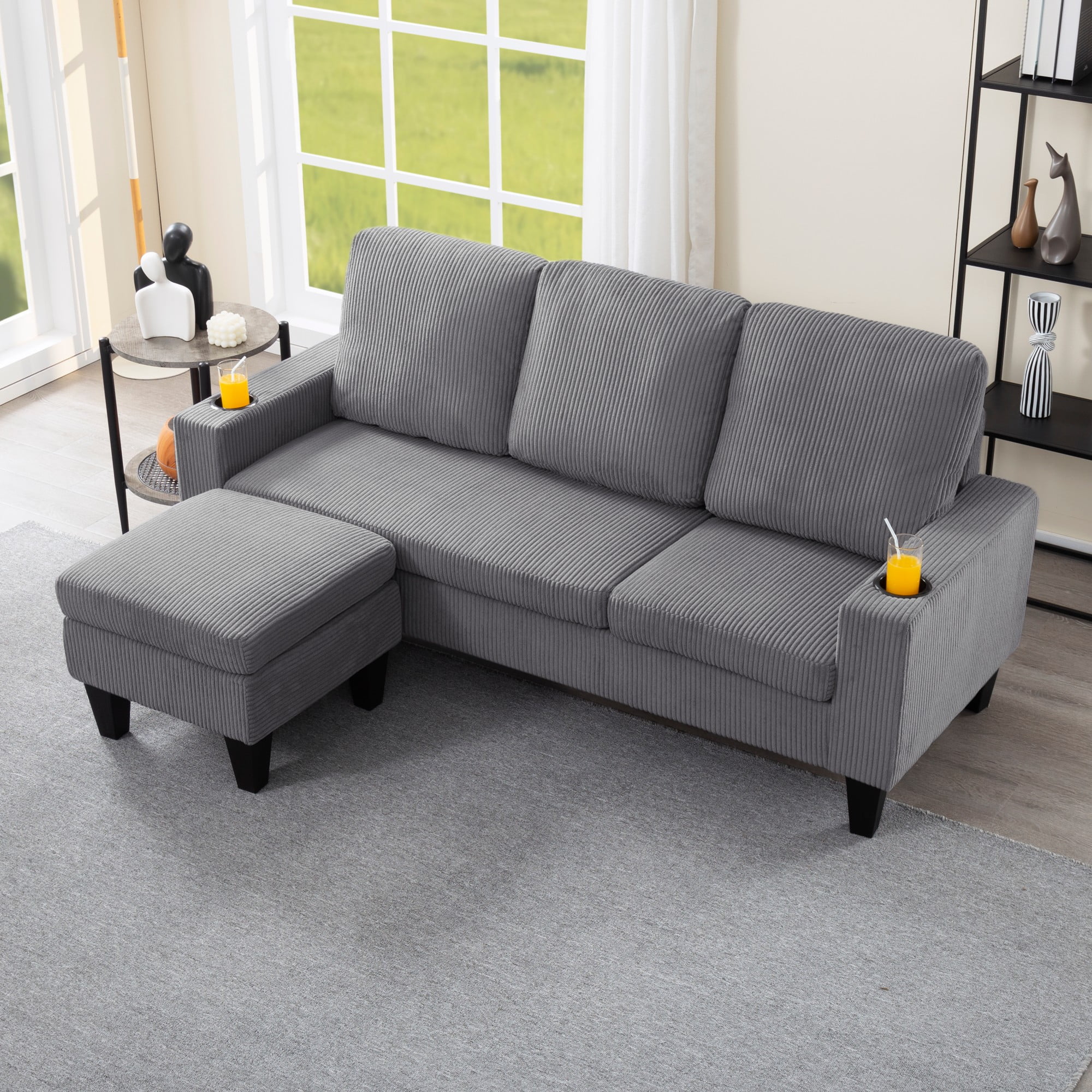 Gewnee Light Grey 69.88” L-Shaped Sofa, Corduroy Reversible Ottoman with Cup Holders for Home/Office