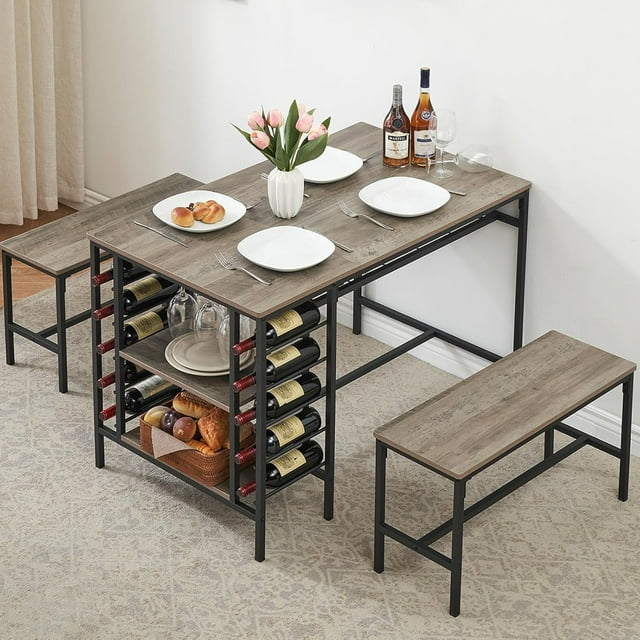 YUSAZENS 3-Piece Dining Table Set for 2 with Benches, Wine Rack & Storage Shelf, Space-Saving Kitchen Dining Room Table, Grey