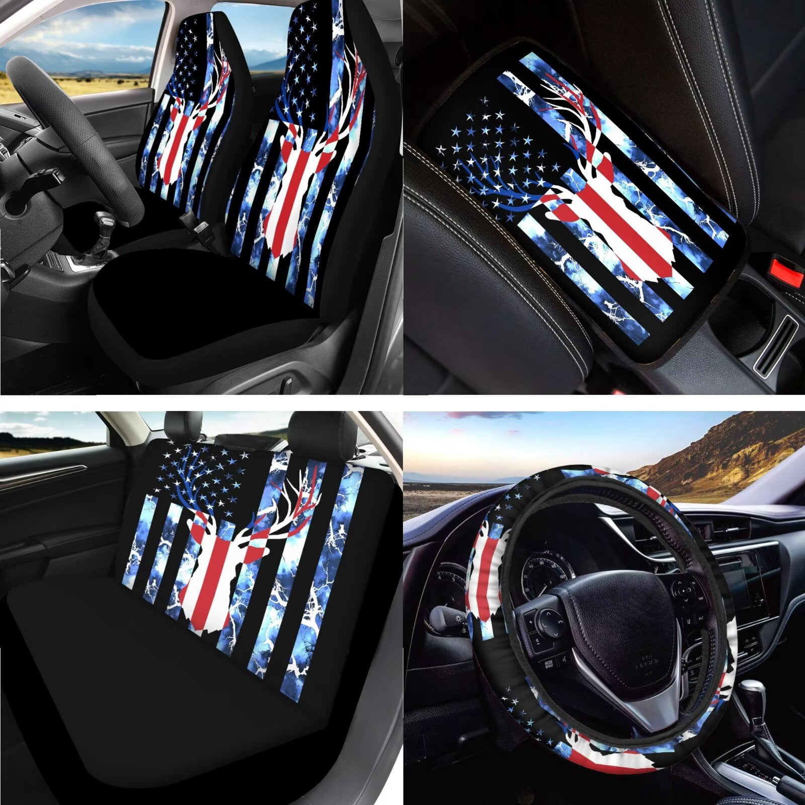 LedBack American Flag Car Seat Cover Full Set Deer Printed Steering Wheel Covers Armrest Pads Covers Waterproof Lipstick Holder Keychains Car Coaster Decorative Car Accessories Set, 15 Pieces