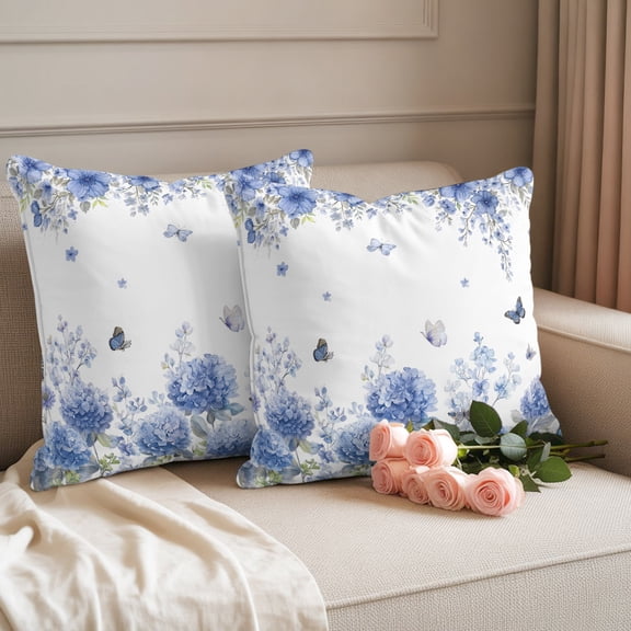 Outdoor Throw Pillow Covers,Watercolor Blue Hydrangeas Waterproof Decorative Pillowcases Cushion Cover Delicate Butterflies Pillow Cases for Patio Couch Sofa Bed,18x18in Set of 2