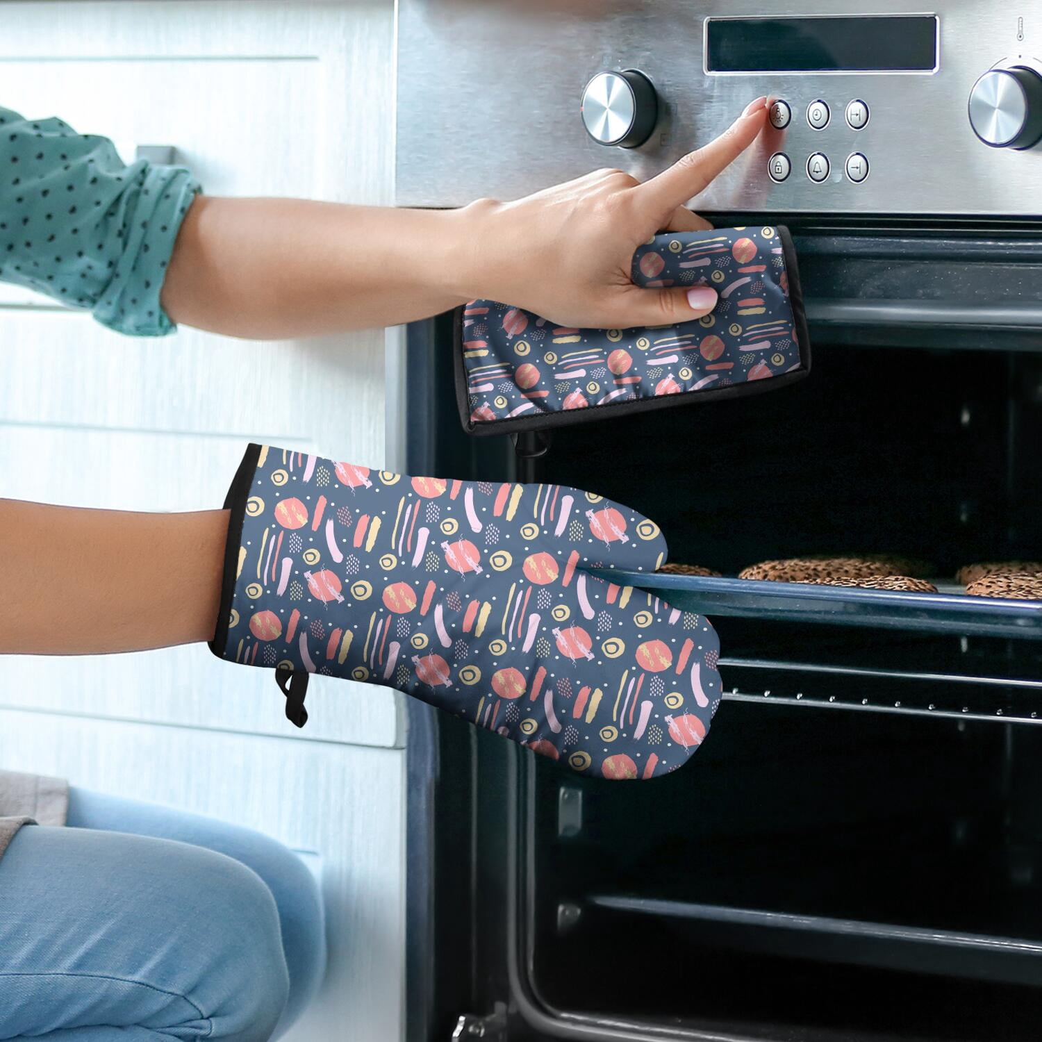 Oven Mitts and Pot Holders Set Of 4, Heat Resistant Kitchen Gloves with Non-Slip Grip, Hanging Loop, Soft Cotton Lining for Baking, Cooking, Grilling, Barbecue