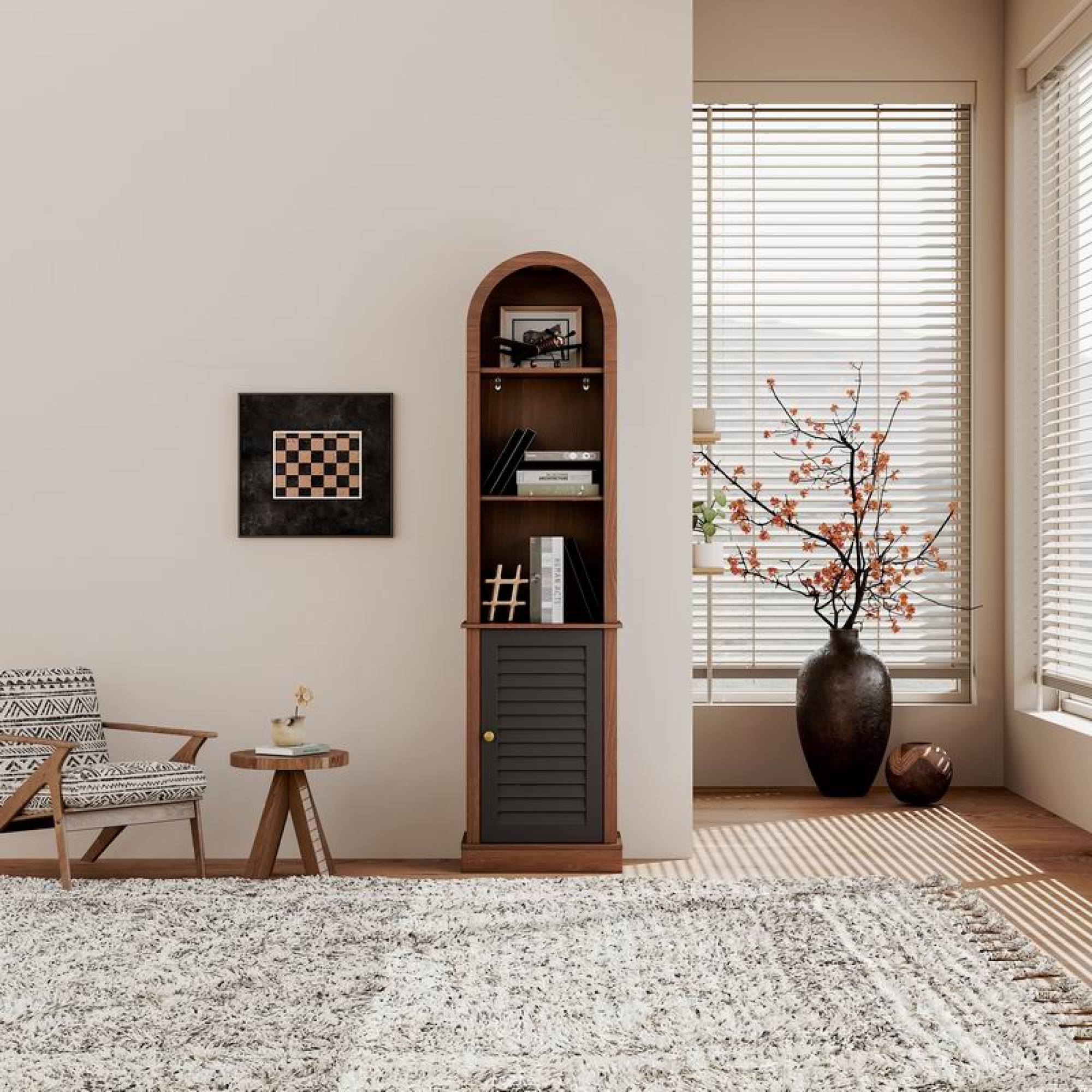 Leumius Tall Arched Corner Bookshelf with Shutter Door, Freestanding Narrow Wooden Corner Display Storage Rack, Multipurpose Corner Cabinet for Living Room, Bedroom