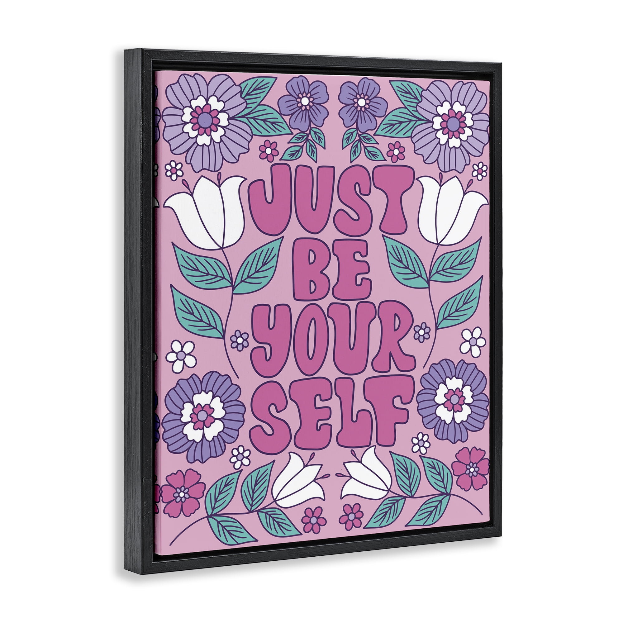 Stupell Industries Retro Floral Be Yourself Plants & Flowers Painting Black Floater Framed Canvas Art Print Wall Art, 17 x 21