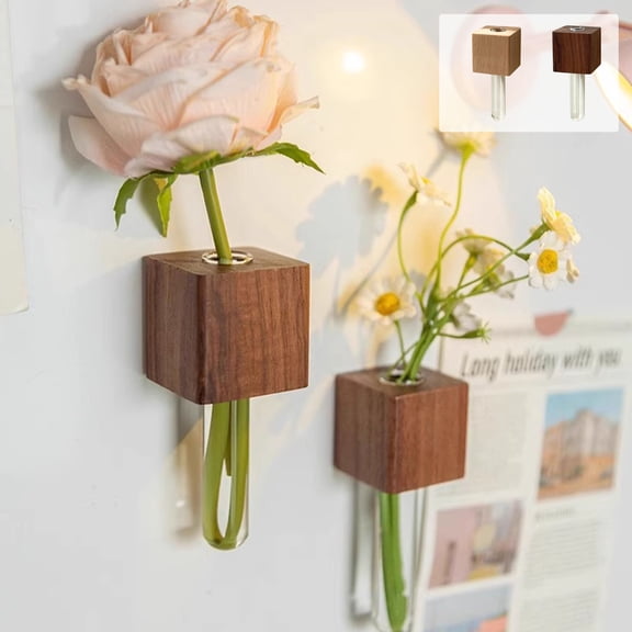 Yrmaups 2Pcs Magnetic Refrigerator Sticker, Solid Wood Flower Vase Magnet with Glass Tube, 3D Decorative Fridge Magnet for Holding Small Vegetation, Kitchen Magnetic Decor, Home Office Whiteboard