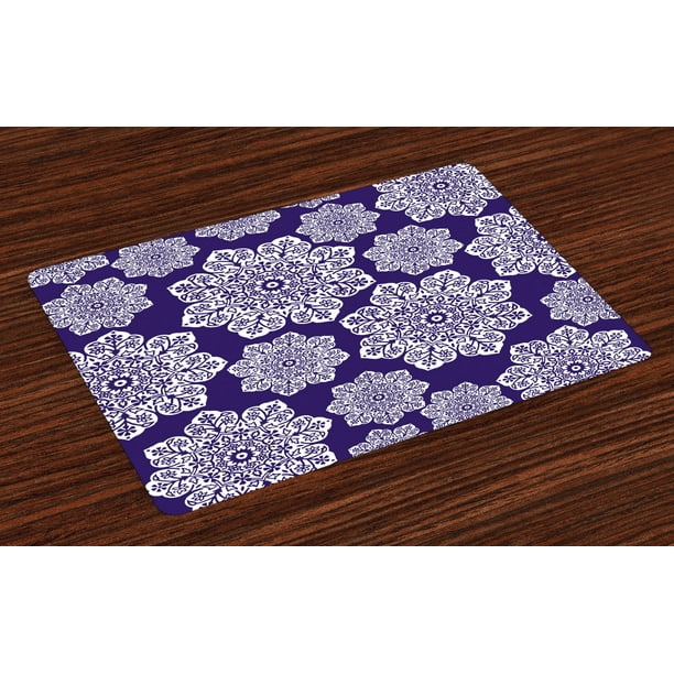 Navy Blue Placemats Set of 4 Floral Lace Graphic Print Snowflake Themed