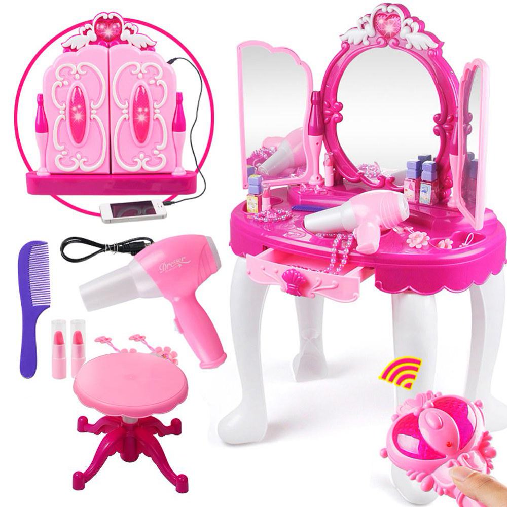 HURRISE Girls Pretend Play Dressing Table Toy with Stool, Mirror, Hair