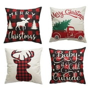Zeno 17x17 Set of 4 Christmas Pillow Covers Farmhouse Xmas Decorations Cushion Case for Sofa Couch Rustic Linen (Merry Christmas, Truck, Deer, Baby It's Cold Outside)