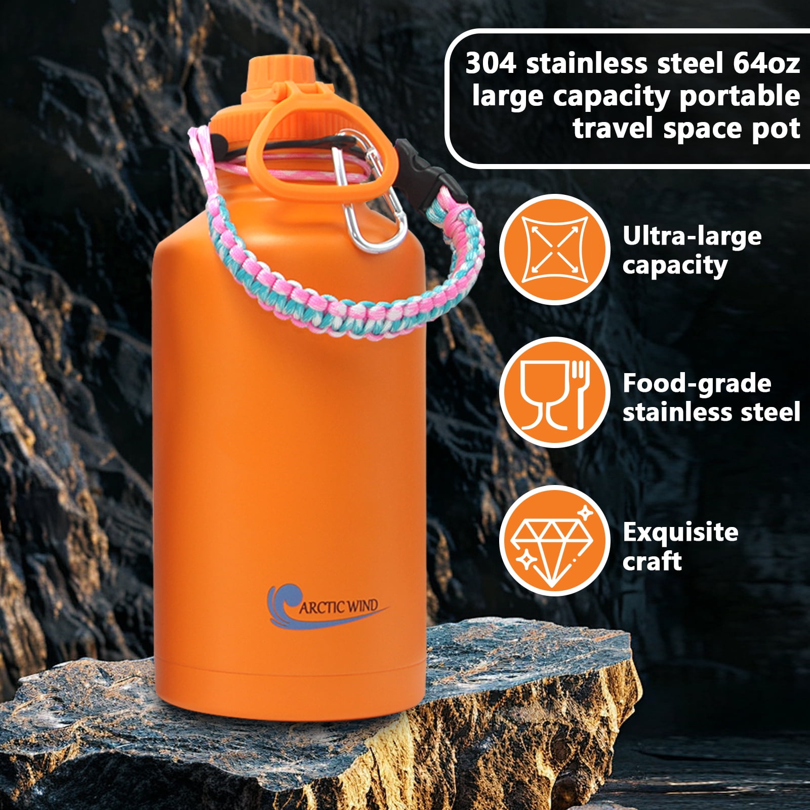 Arcticwind 64 oz Insulated Water Bottle, 304 Stainless Steel Leak Proof & BPA-Free, Half Gallon Water Bottle, Paracord Handle, 64oz Water Bottle Triple Wall Thermal Sweat-Proof Gallon Water Jug