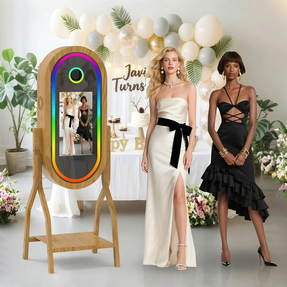 Magic Mirror Photo Booth, 50''Retro Wooden Mirror Photo Booth with 21.5'' Interactive Touch Screen, Built-in Mini PC with Instant Print, for All Types of Photography Needs