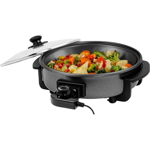 OVENTE 11.5-Inch Electric Skillet, 1400W Nonstick Pan, Black SK11112B | Adjustable Temperature Control, Tempered Glass Lid with Steam Vent, Cool-Touch Handles, Easy to Clean Design