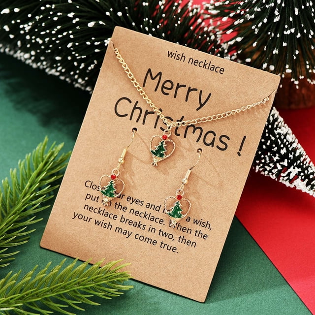 Festive Holiday Jewelry Elegant Snowflake Snowman Santa and Tree Design Necklace Earrings Set Seasonal