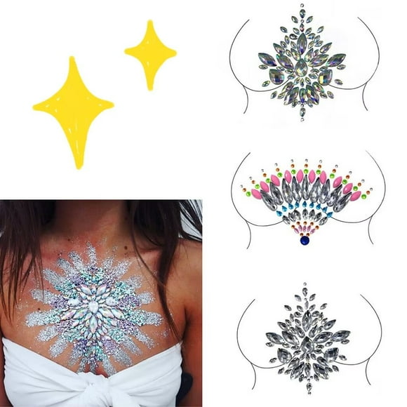 3Sets Jewels Waterproof Gems Glitter Breast Jewels Tattoo Rhinestone GlitterChest Body Mermaid Temporary Tattoos Stickers for Party Rave Festival Makeup