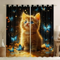 Feelyou Kawaii Kitten Animal Curtains Pack of 2 (42x84 Each) for Kids, Dreamy Blue Butterfly Curtains Blackout, Cute Cat Bedroom Curtains, Blackout Curtains Bedroom Decor