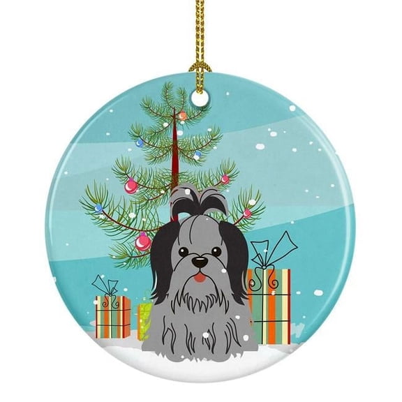 Merry Christmas Tree Shih Tzu Black Silver Ceramic Ornament