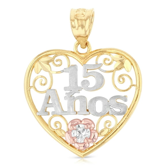 Ioka-14K Tri Color Gold Sweet 15 Years Quinceanera Heart Charm Pendant For Necklace or Chain