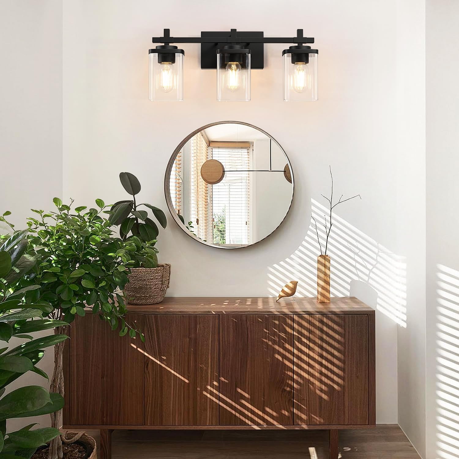 PYNSSEU 24" 3-Light Matte Black Bathroom Light Fixtures with Clear Glass Shape Wall Sconces Lighting
