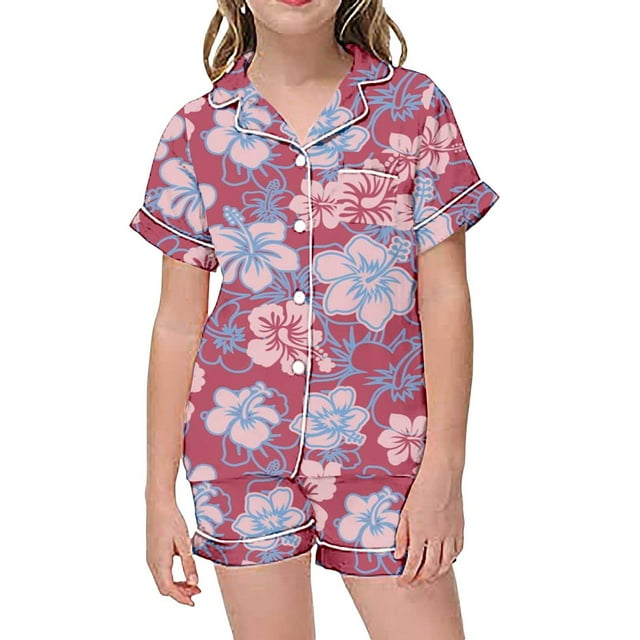 TBWNWG Ensembles et Ensembles pour Filles Pyjamas 2 Pcs pour Enfants Enfants Imprimé Graphique Chemise à Boutons à Manches Courtes et Short Ensemble de Pyjama, Tailles 2-3 Ans