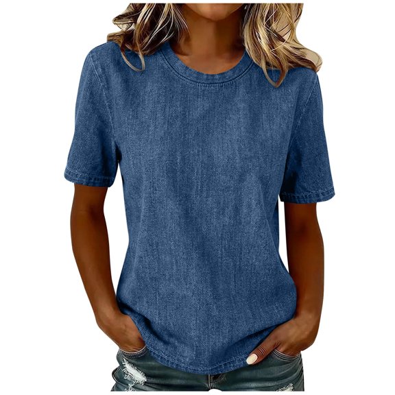 QIYAGBSA Tops for Women Soft Denim Crew Neck Short Sleeve Casual Pullover Solid Color Summer Everyday Wear for Weekend Travel Errands Daily Outfits (Blue, 2XL)