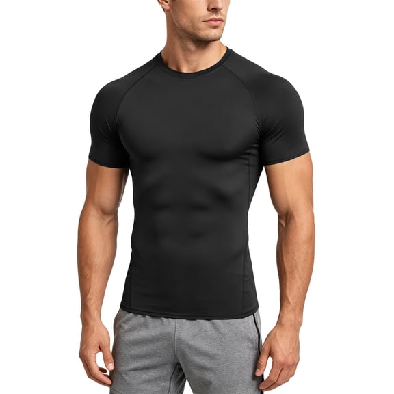 Alpinario Men's Compression Workout Shirt 1 Pack, Quick-Dry Short Sleeve Athletic Base Layer Undershirt, Black