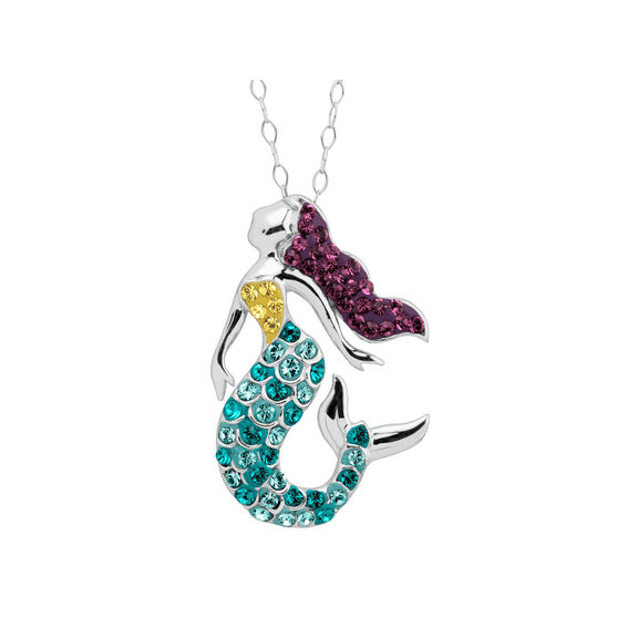 Swarovski Element Sterling Silver Multi-Color Mermaid Pendant, 18" Neckalce