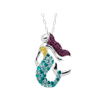 Swarovski Element Sterling Silver Multi-Color Mermaid Pendant, 18" Neckalce