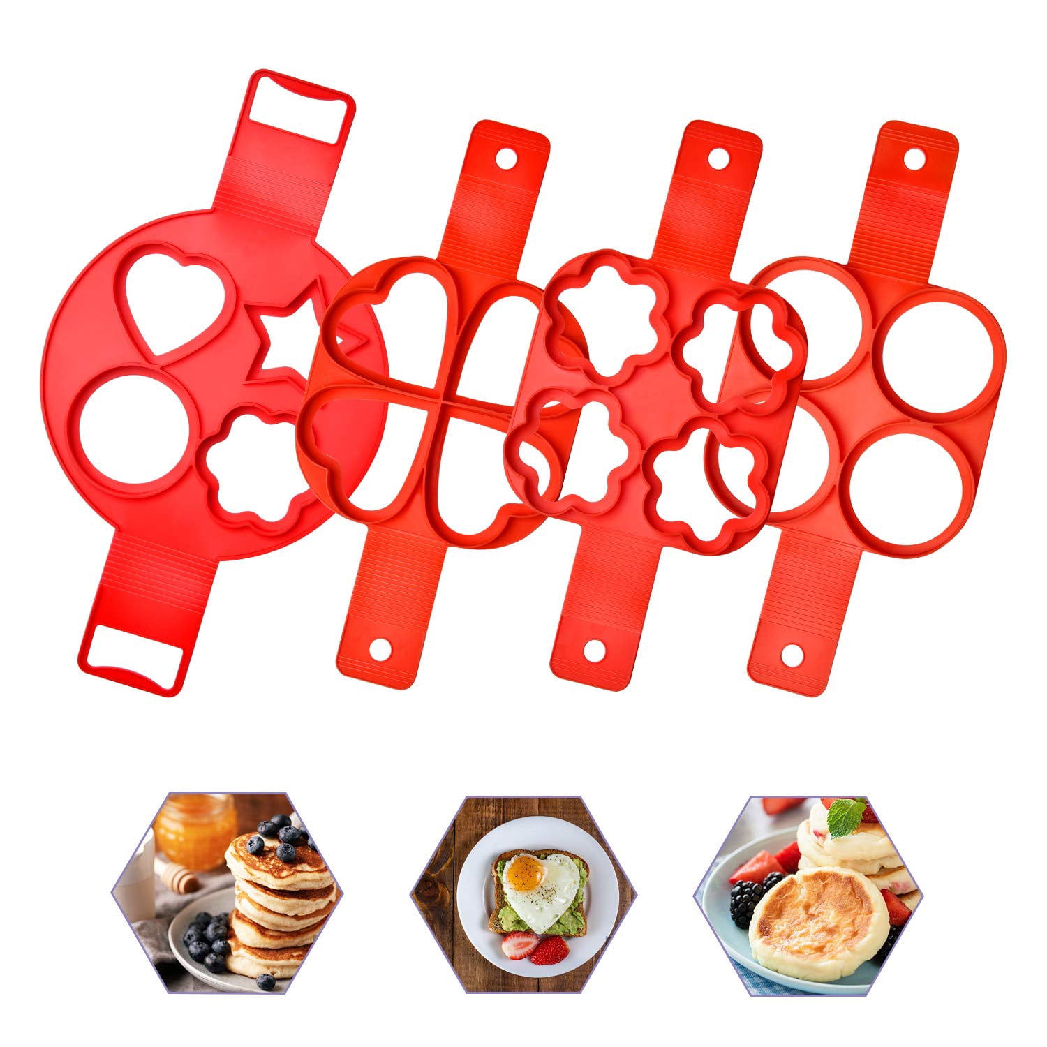 Pancake Making Mold Fried Egg Mold Reusable Silicone Pancake Maker With 4 Cavity (Heart Round Star) - 4 Pieces