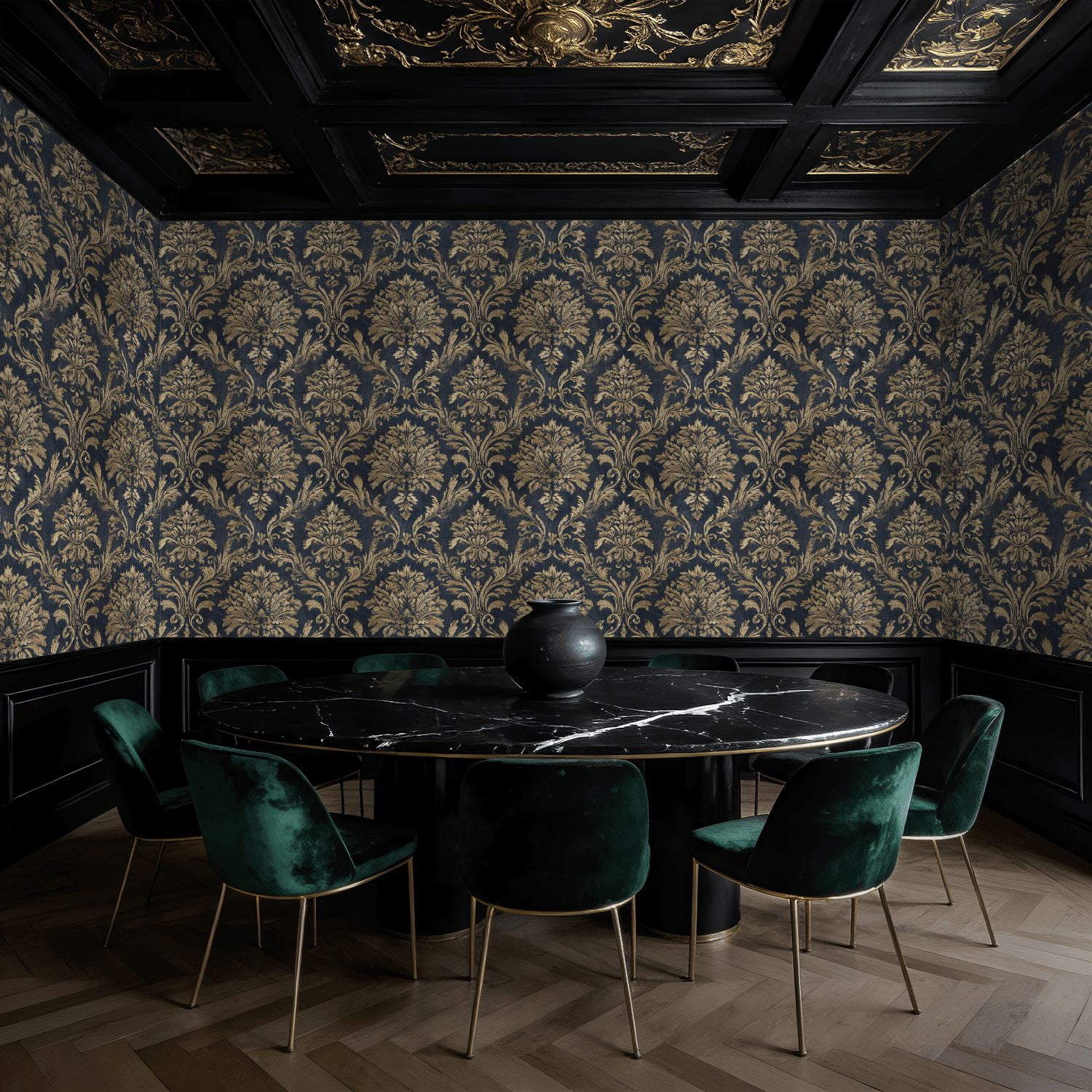 Baroque Peel and Stick Wallpaper Vintage Dark Damask Baroque Floral Gold Flourishes Wall Mural 23.6in x 9.8ft Self Adhesive Removable Wall Paper Renter Friendly Wallpaper for Bedroom Livingroom Men