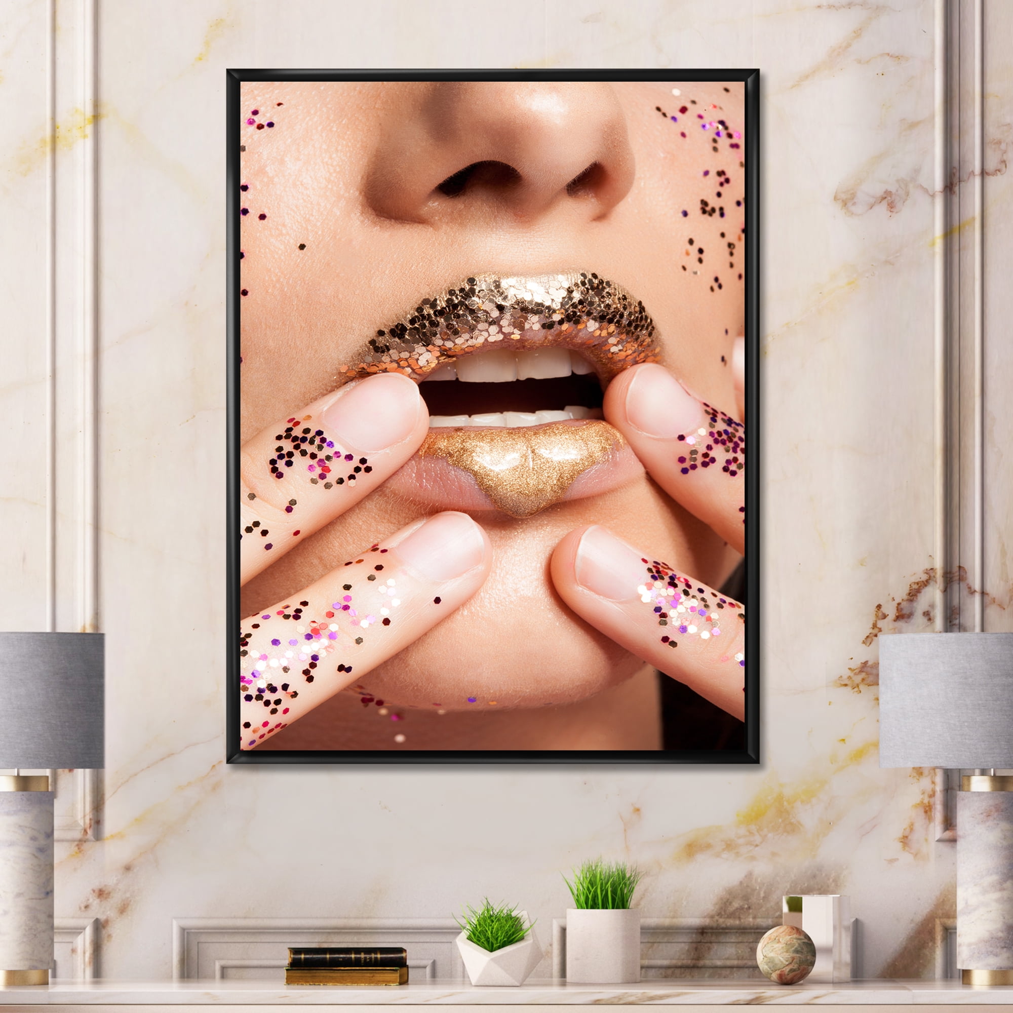 Female With Golden Lips and Glitter On Her Hands 24 in x 32 in Framed Photography Canvas Art Print, by Designart