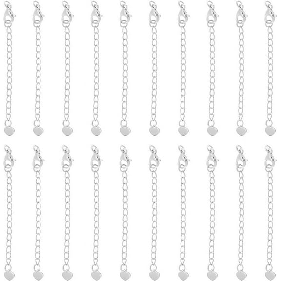 1 Set 20Pcs 70mm 304 Stainless Steel Extension Chain Sets End Chains Extension Tails with Clasps and Tiny Heart Charm Chain Extender for Necklace Bracelet Jewelry Making