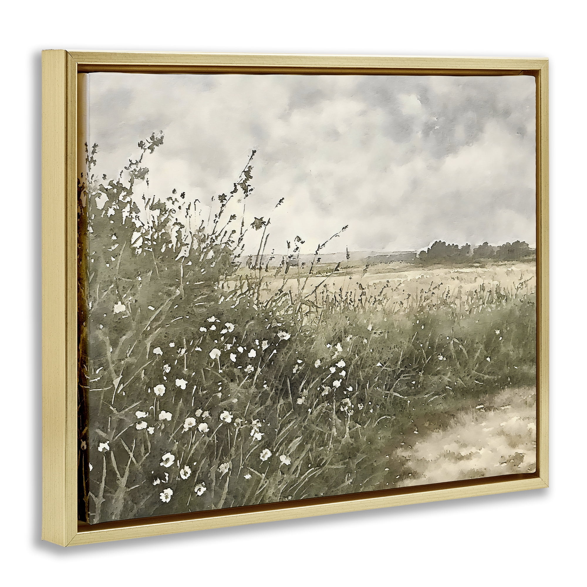 Stupell Industries Soft Meadow Landscape at Dusk Gold Framed Floater Canvas Wall Art, design by Riley B