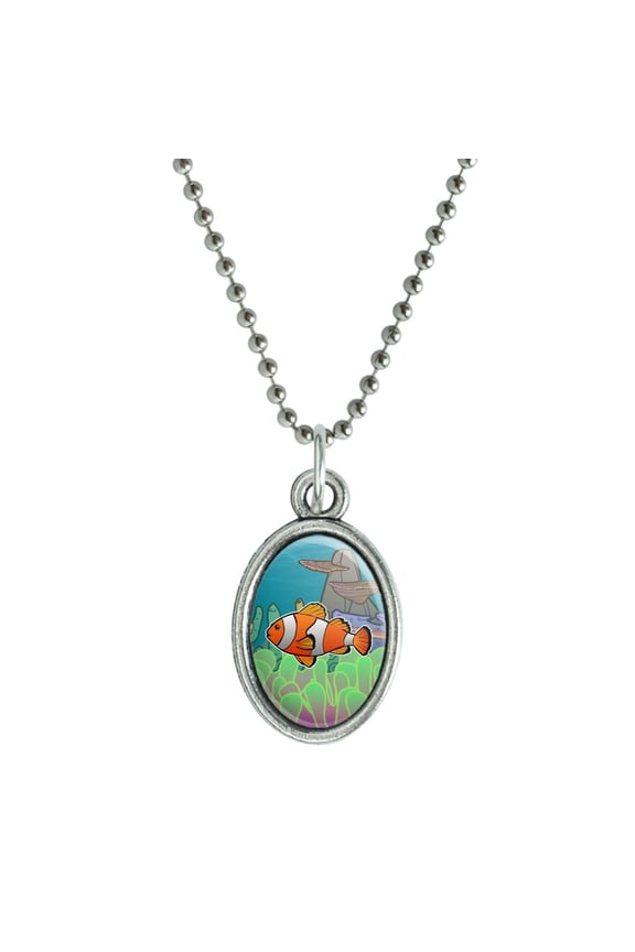 Clown Fish in Ocean Reef Coral Anemone Antiqued Oval Charm Pendant with Chain