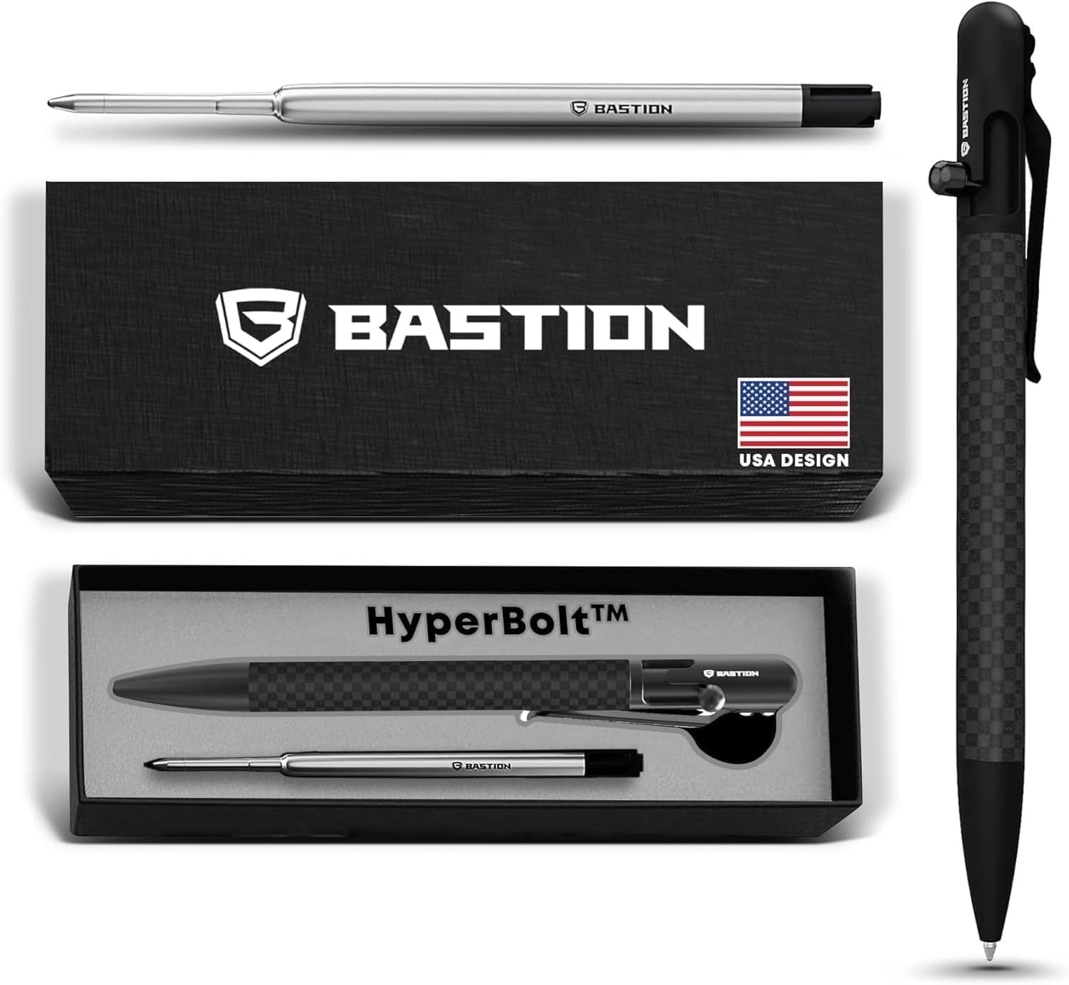 Bastion Carbon Fiber Slim Bolt Action Pen, Black, Ballpoint Refillable, 1 Count