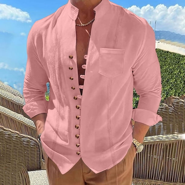 pstuiky hombres de manga larga, Camisa informal de moda para hombre, con cuello en V y mangas, transpirable top de hombre xl