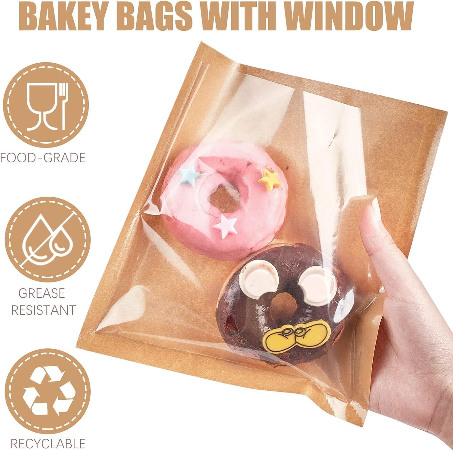 200 Pack Heat Sealable Bakery Bags with Window, Kraft Paper Grease Resistant Bagel Bags To Go Bags for Packaging Cookie, Donut, Pastries and other Treats (7.1 x 7.5 Inch)