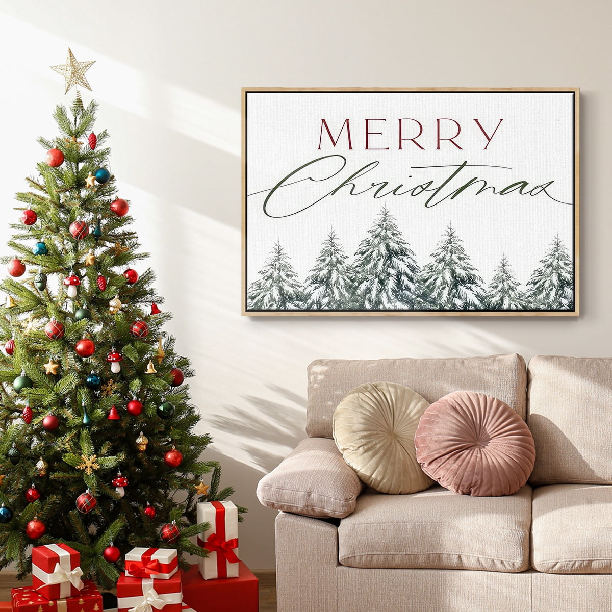 Merry Christmas Trees - Framed Gallery Wrapped Holiday Canvas - 27 x 41 - Natural Wood Frame
