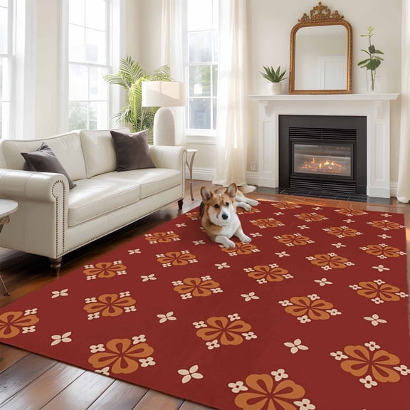 Abstract Flower Area Rugs 5x7 ft Vintage Geometric Red Diamond Shaped Floral Washable Rug Non Slip Indoor Carpet Absorbent Floor Mat for Living Room Bedroom Dining Room