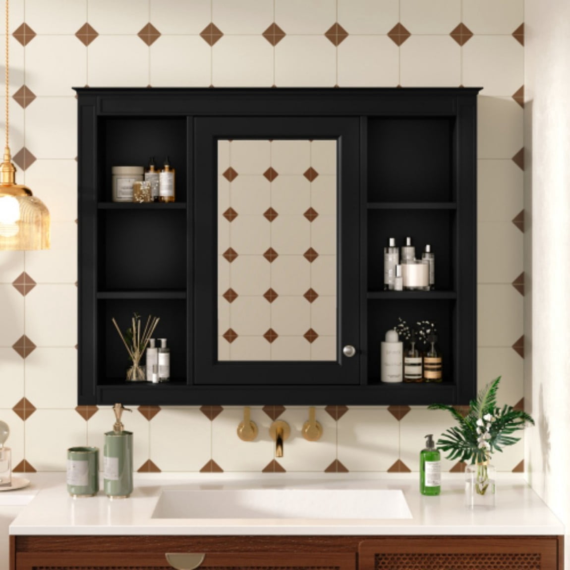 35"x 28" Wall Mounted Bathroom Medicine Cabinet with Mirror, Bathroom Storage Cabinet with 6 Open Shelves, Adjustable Shelves & Towel Bar, Black