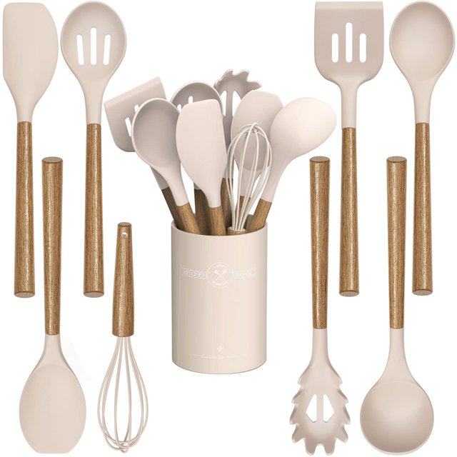 Juego de utensilios de cocina de silicona, juego de espátula de utensilios de cocina de 9 piezas con mango de madera para utensilios de cocina antiadherentes 446F, utensilios de cocina de silicona res