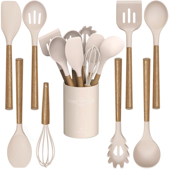 Juego de utensilios de cocina de silicona, juego de espátula de utensilios de cocina de 9 piezas con mango de madera para utensilios de cocina antiadherentes 446F, utensilios de cocina de silicona res
