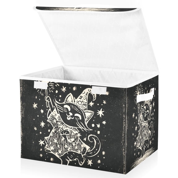 Foldable Fabric Storage Bin With Handle Collapsible Basket Box Storage With Lid Organizer Cat Dressed As The Starry Witch