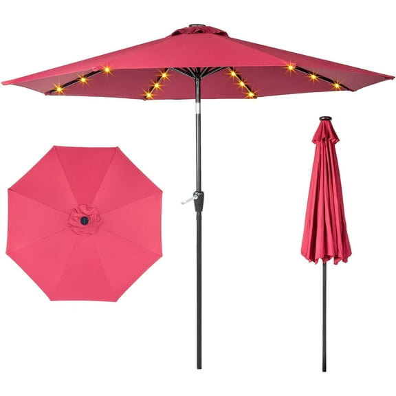 HLL Patio Umbrella, Outdoor 9FT Round Solar Sunshade Sunbrella with Crank & 8 Ribs and 32pcs LED Lights, Large Table Market Umbrella for Garden, Backyard, Pool, Lawn, Beach