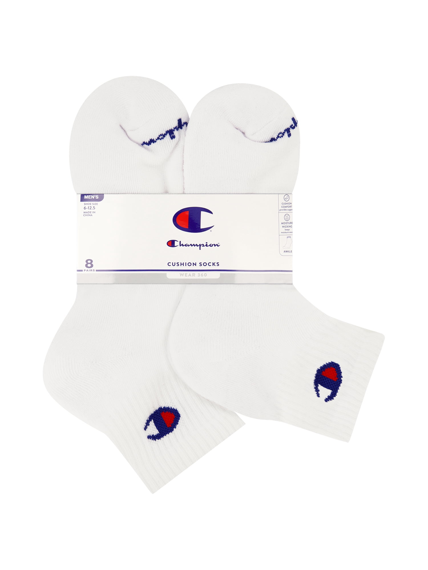 Champion Men’s Ankle Socks 8 Pack – Half Terry Cushion, Moisture-Wicking, Arch Support, Stretch Comfort, Sizes 6–12.5