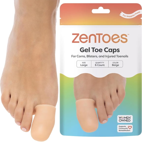 ZenToes Gel Toe Caps, Protects Missing and Ingrown Toenails, Size Large, Beige, 6 Count